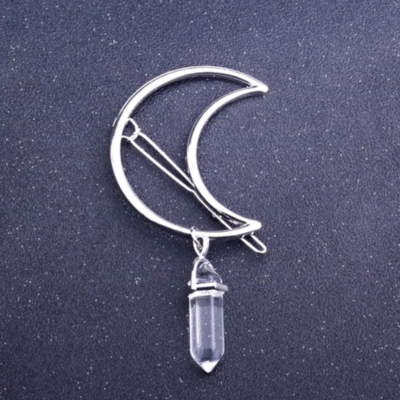 NWT Silver Crescent Moon Clear Crystal Barrette - Picture 3 of 5